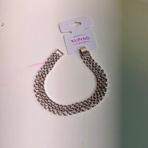 Xuping OS Bracelet‎ Silver Tone 3-Row Crystal Brick Link Glamorous Statement